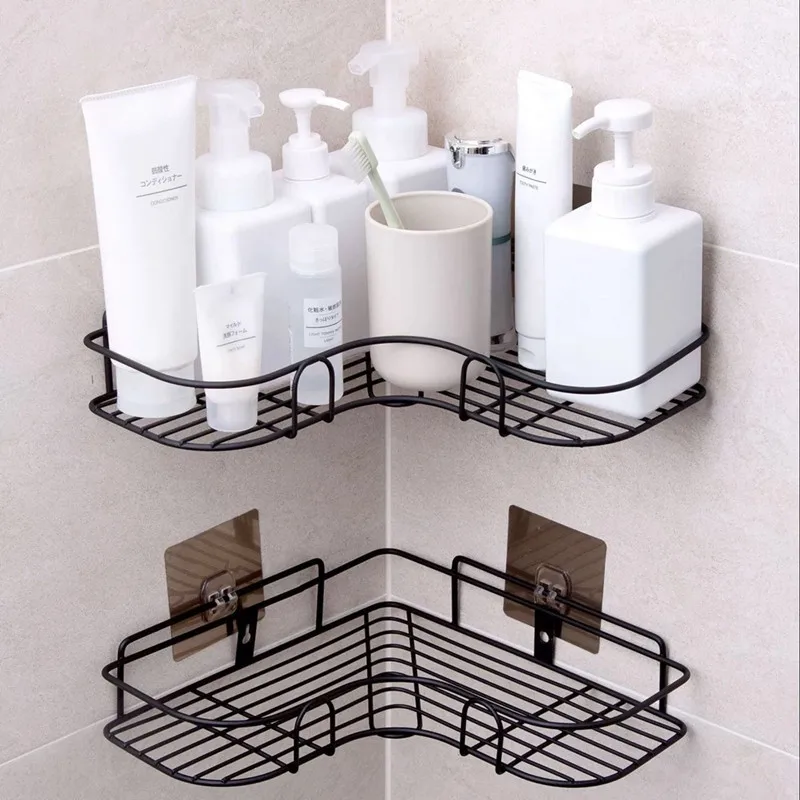 Bathroom Storage Shelves, Wall Mounted Triangle Shelf with Towel Bar, Punch-Free Shower Caddy for Bathroom Corner