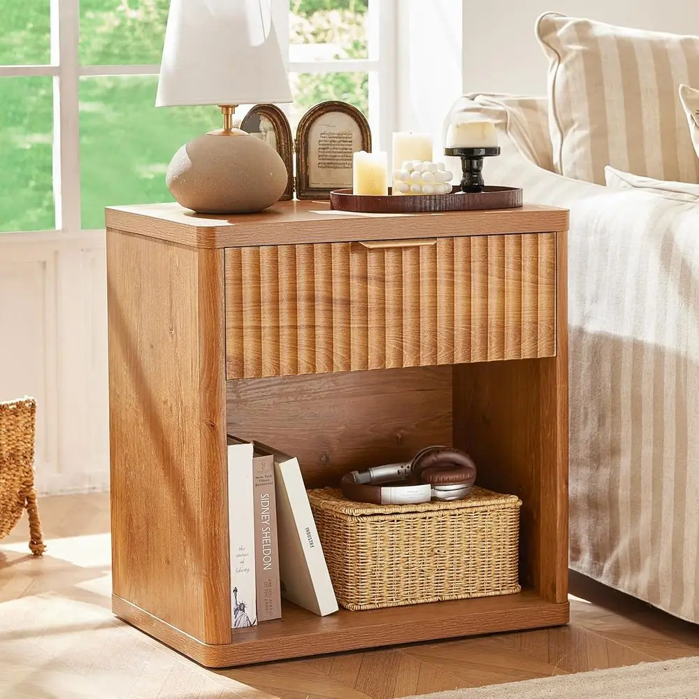 

Wide 23 Brown Nightstand with Charging Station and Storage Cabinet for Bedroom or Living Room