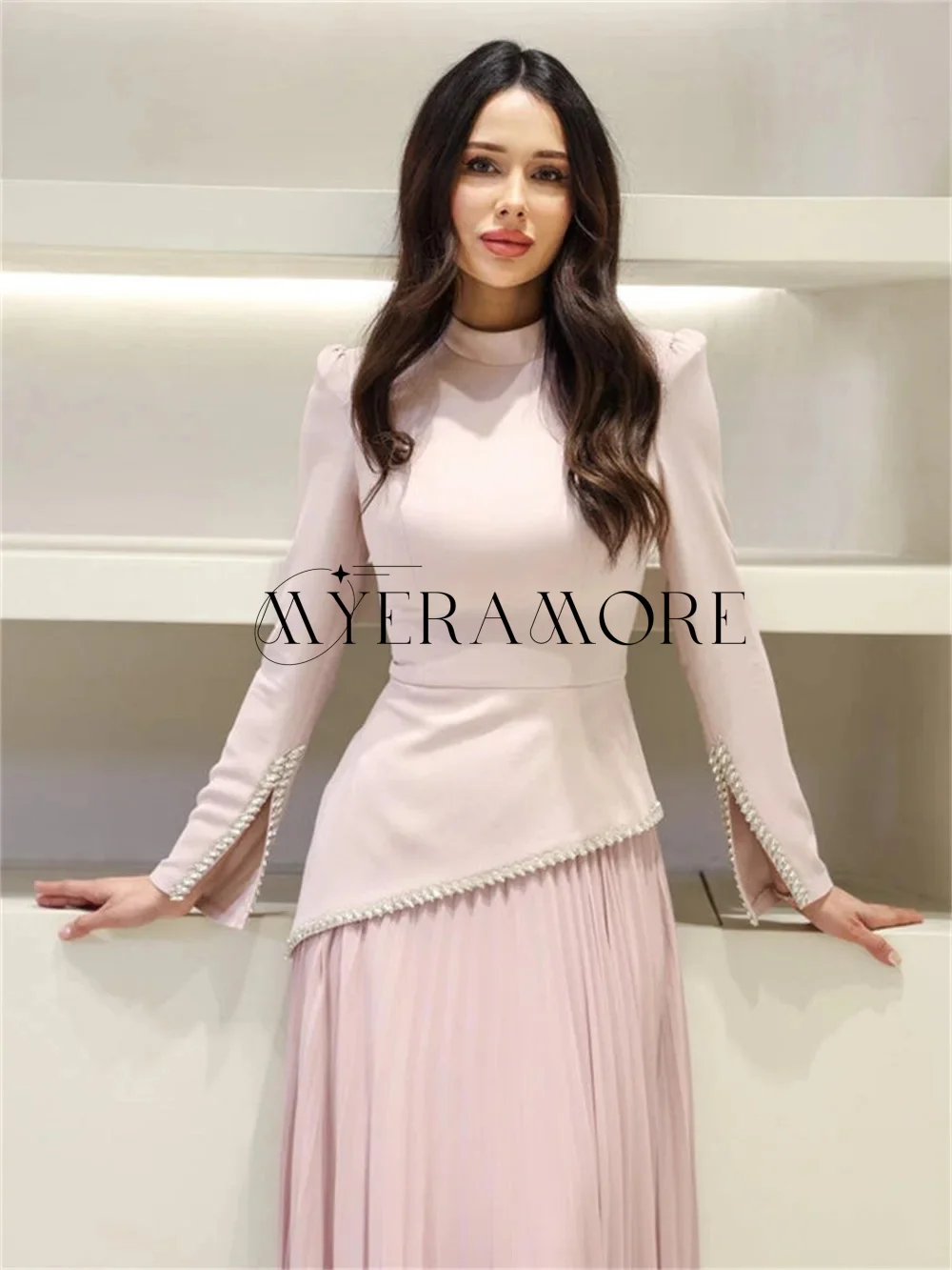 

High Quality High Neck Evening Dresses Long Sleeve Beaded Pleat Women Prom Dresses Customized فساتين سهرة