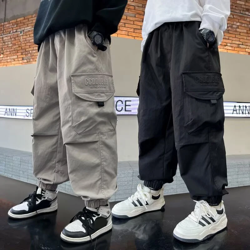 Spring Autumn New Boys Cargo Pants Letter Print Loose Fitting Causal Overalls For 5 6 8 10 12 14 Years Teen Boys Cotton Trousers