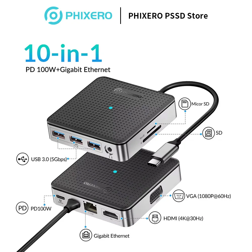 

PHIXERO Type C Docking Station Dual Monitor 10 in1 Triple Display USB C Hub Multiple Adapter for Laptops/Tablets Plug and Play