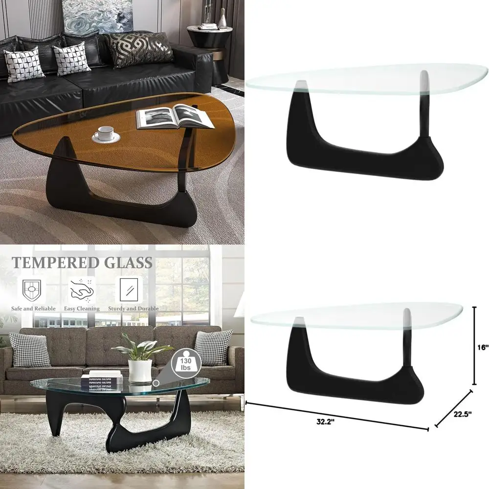 Mid-Century Modern Triangle Coffee Table with Solid Wood Base and Vintage Transparent Glass Top