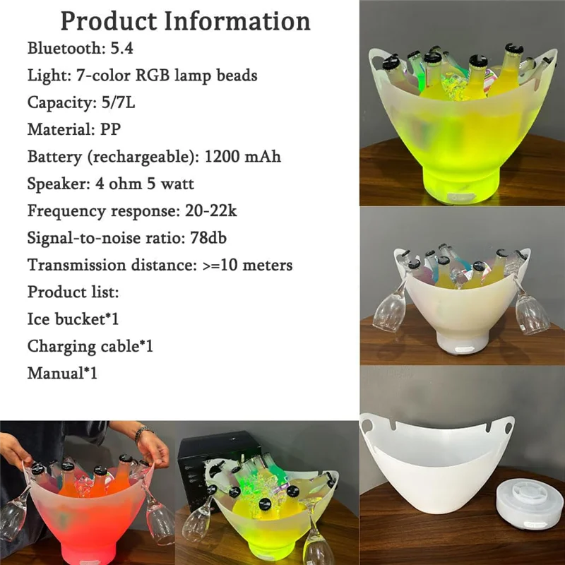 AAAEL-Ice Bucket With Bluetooth Speaker With Light Bar Large Ice Bucket Portable Wine Bucket Bar Accessories Beverage Bucket