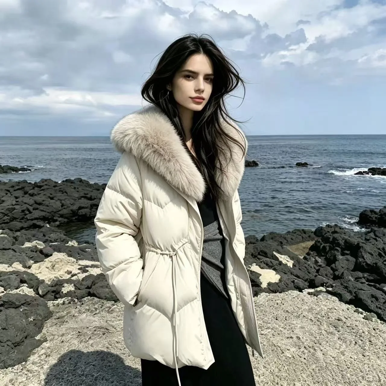 2026 New Large Fur Collar Lapel Jacket Women's Slim Fit Thicken Warm Down Cotton Padded Jacket Cropped Parkas Streetwear