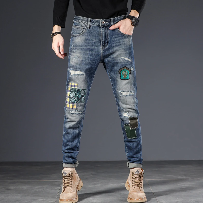 EH · MD Patch Jeans cuciti Tessuto a rete traspirante da uomo Fodera interna Fori raschiati Pantaloni Ricamati Morbido elastico Cat Claw Mark