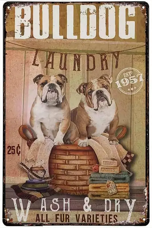 Placas de Metal Decorativas para Casa, com tema Bulldog, para Lavanderia, com mensagens de Lavagem e Secagem, e Variedades de Pelos, Arte em Ferro, Decoração Festiva, para Exterior e Placa de Sinalização