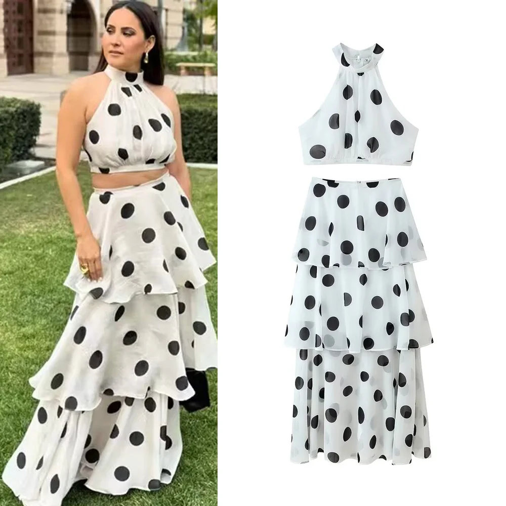 

2025 Woman Dots Skirt Set Fashion hang Neck Top Ruffled Long Skirt Two-piece Sets Casual Slim High Waisted Skirts Suits