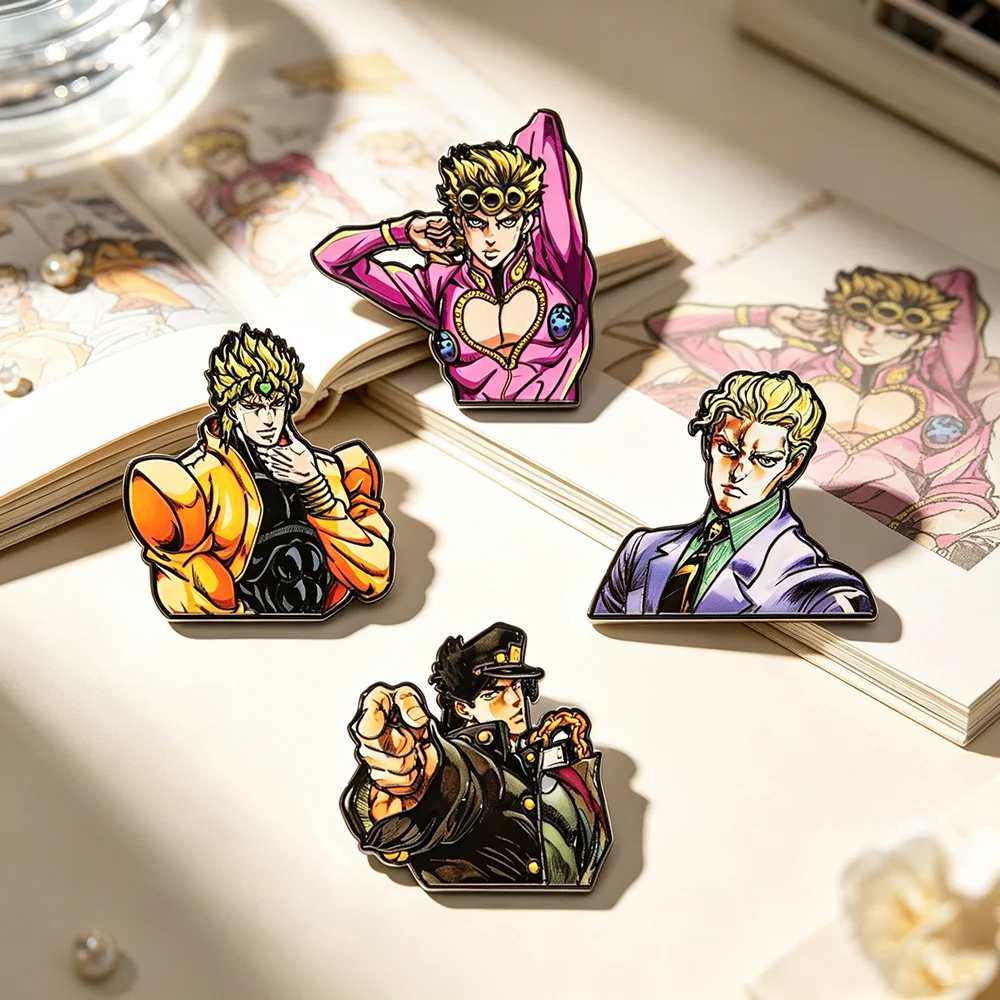 4Pcs Anime Style Bold Male Character Enamel Pins Set Retro Manga Metal Lapel Brooches Collectible Pins Gift for Manga Art Fans