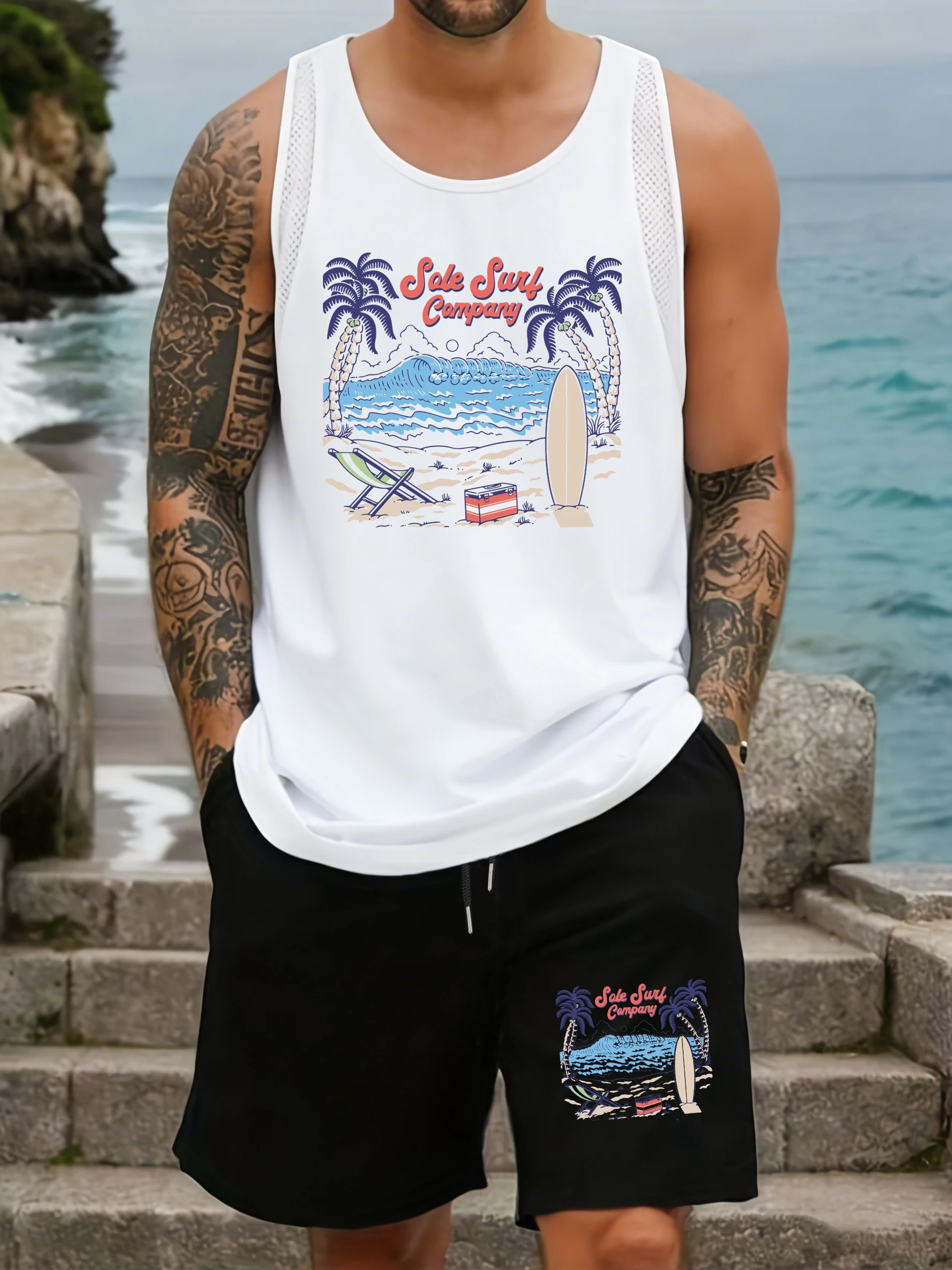 

Sale Surf Company Wave Coconut Tree Print Vest Suit Man O-Neck Mesh Tank Tops Sleeveless Summer Tee Drawstring Wide-Leg Shorts