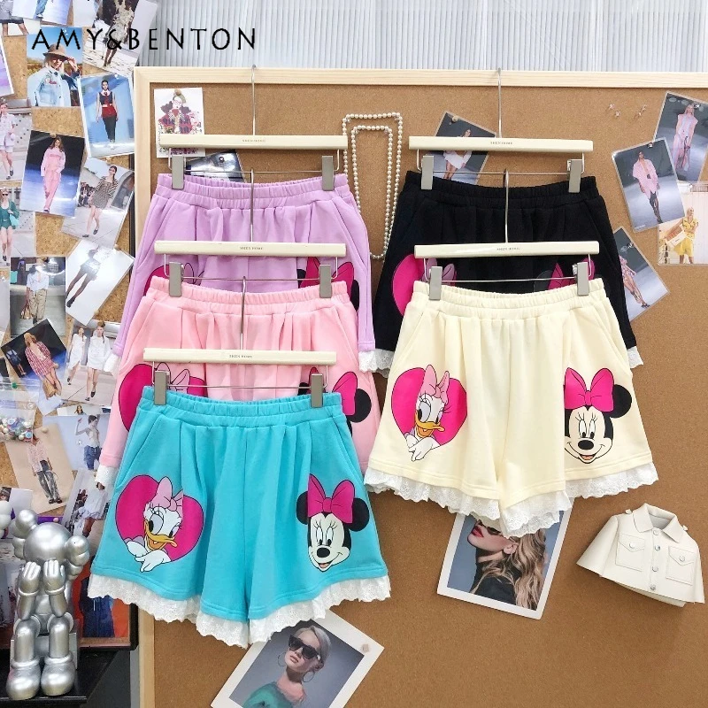 

Sweet Style Youthful Unique Design Lace Splicing Cartoon Print Short Pants High-waisted Versatile Multi-color Wide-leg Shorts