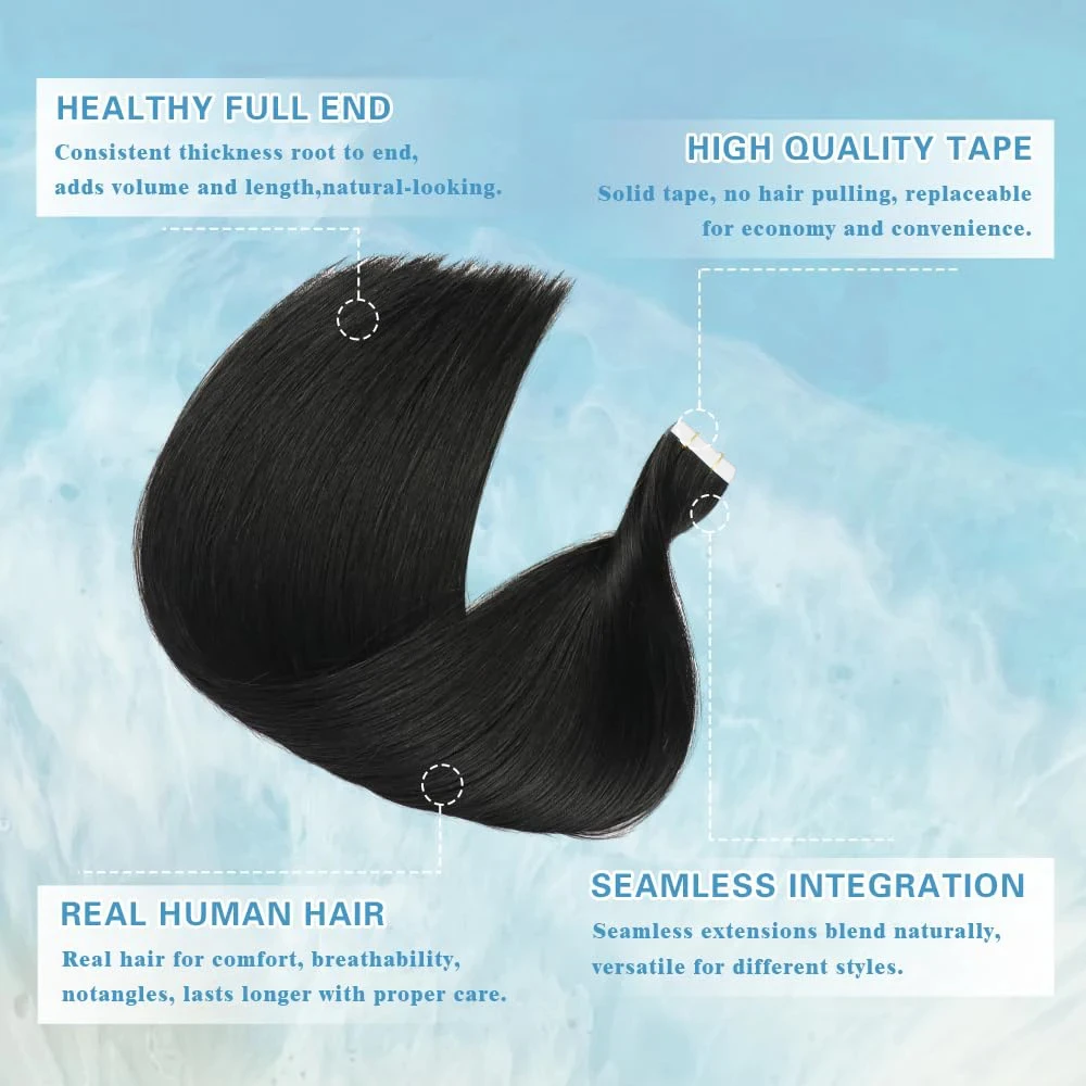 Straight Tape in Hair Extensions Human Hair 100% Remy Human Hair Tape in Hair Seamless Skin Natural Black Tape Ins for Women