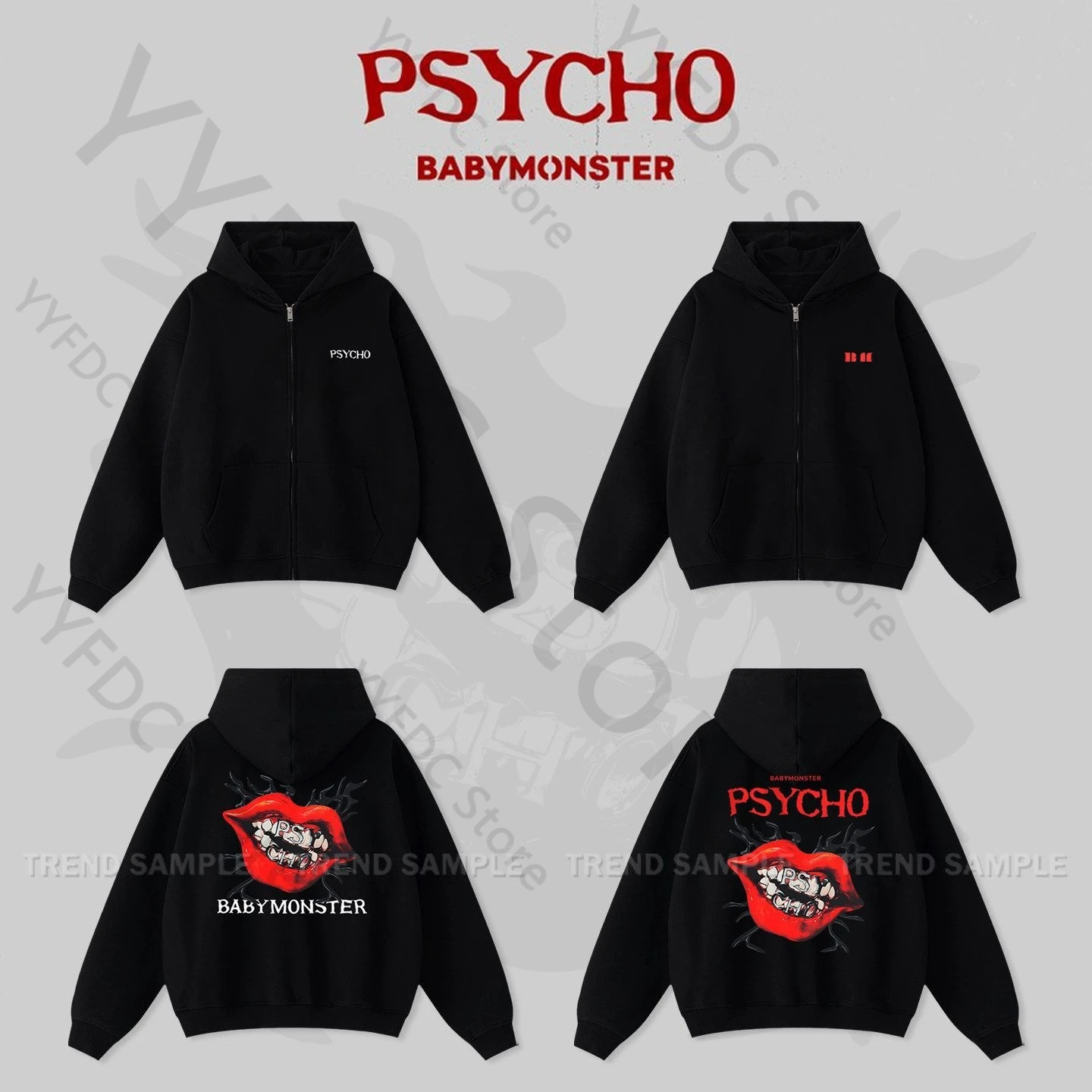 

Babymonster PSYCHO Zipper Hoodies High Quality Thick Sweatshirt Kpop Streetwear Hip Hop Print Hoodie Men Women Autumn Clothes