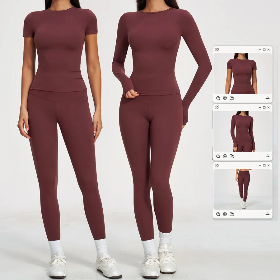 Yoga-Set 2-teilig Sportbekleidung Fitnesskleidung Yoga-Anzüge Damen Fitness-Set Trainingsanzüge Sport Langarm Crop Top Gym High Waist Leggings – Detail 1