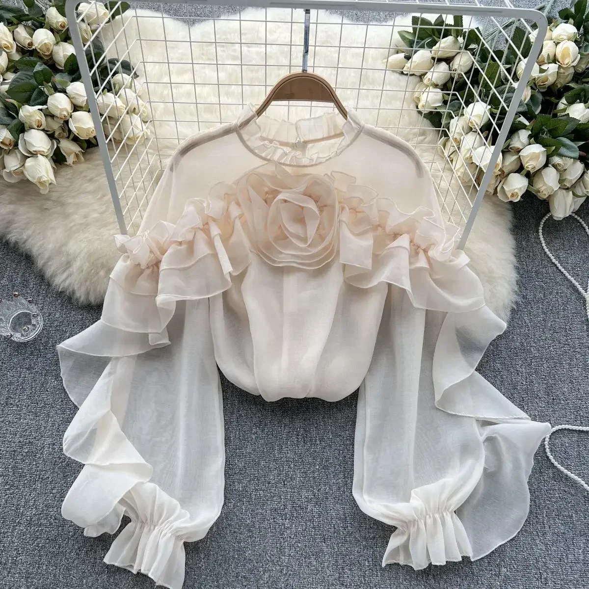 Ruffle Chiffon Blouse Summer Women Lantern Sleeve Fashion Slim Loose Vacation Ladies Y2K Casual Chic Tops