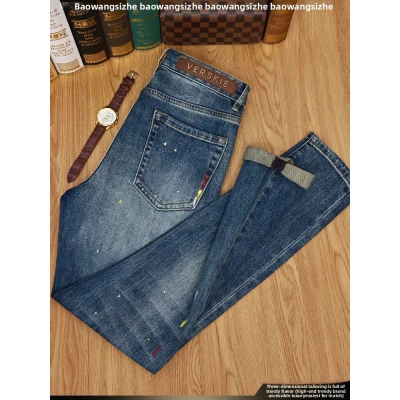 두꺼운 청바지 남성용 신상 블루 핸드페인팅 그래피티 레트로 슬림핏 바지 가을 겨울 2025