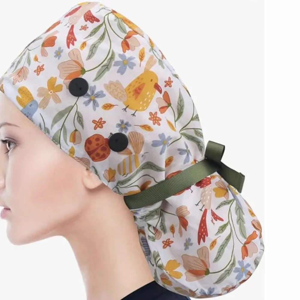 Practical Ponytail Pouch Satin Scrub Caps Button Closure Frizz Reducing Working Cap Adjustable Tie Bouffant Hats Unisex
