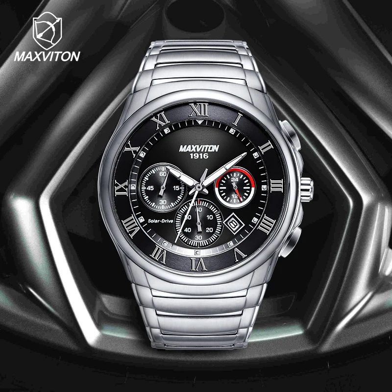 MAXVITON Men's Solar Watch, Stainless Steel, Waterproof, Business & Casual Style, Genuine Men's Wristwatch, Eco-Drive Watch