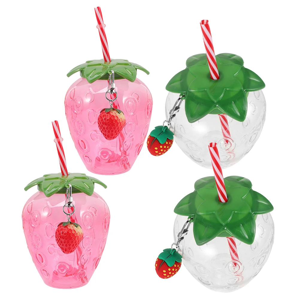 

4 Pcs Strawberry Sippy Cup Glass Cups Coffee Mug with Cover Kawaii Drinking Plastic Lids Glasses The Pet Cold Party