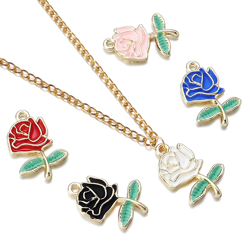 10pcs/lot Alloy Rose Flower Pendant 22x14mm Metal Drop Oil Rose Flowers Pendant For DIY Jewelry Making Bracelet Necklace Earring