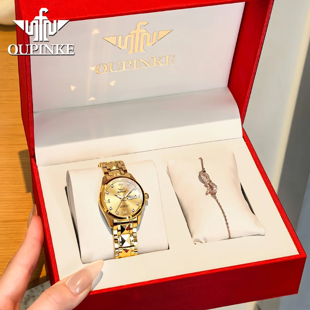 OUPINKE Women's Watches Top Luxury Fashion Tungsten Steel Sapphire Mirror Original Automatic Mechanical Wristwatch Waterproof