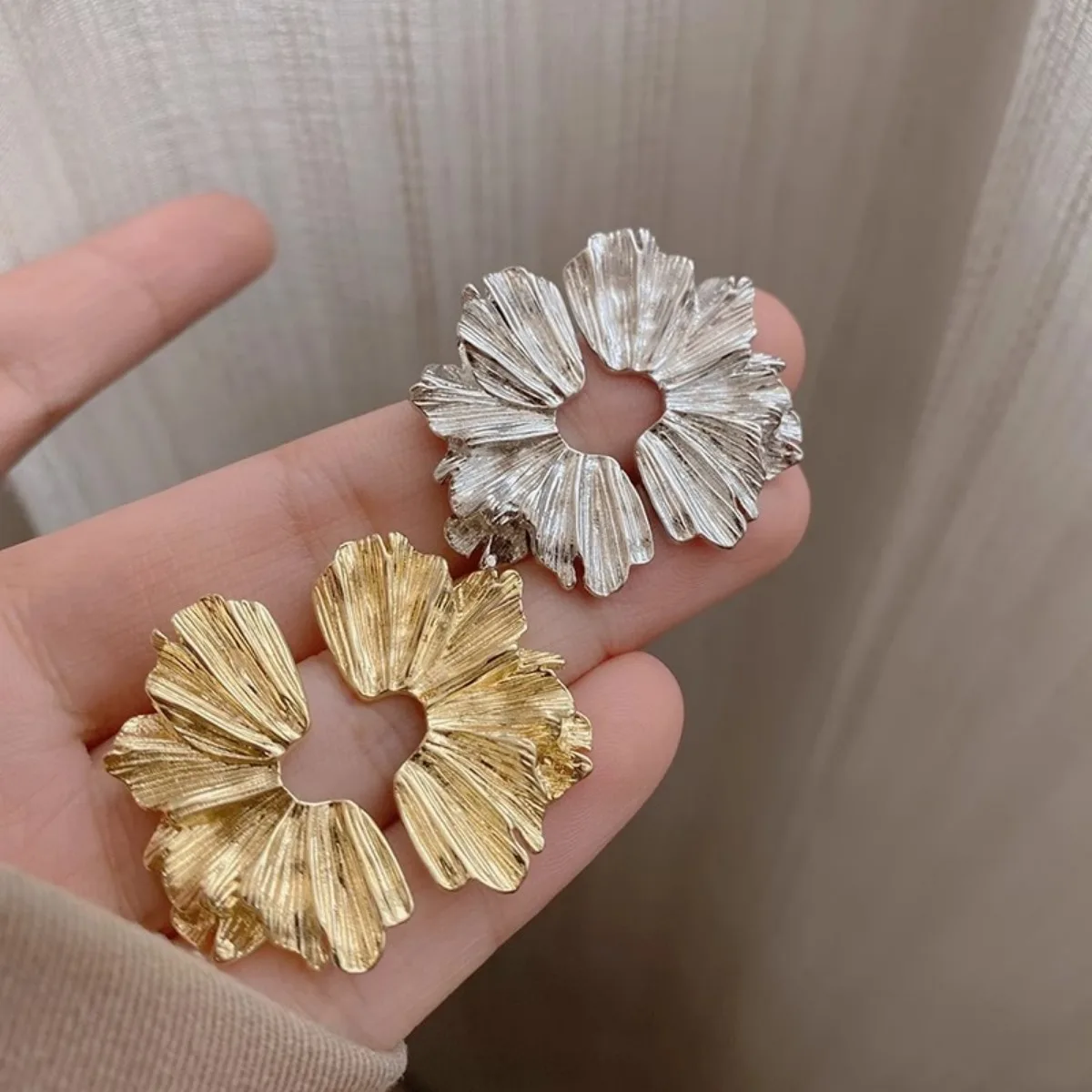 textured flower hoop earrings gold silver plated statement trendy lightweight elegant fashion jewelry for women