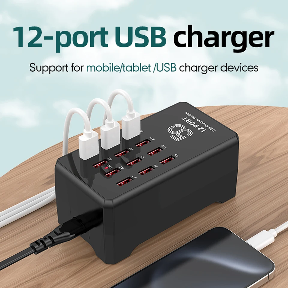 Cargador USB de 12/30 puertos, estación de carga rápida universal de pared y escritorio para teléfonos móviles, adaptador de corriente 2