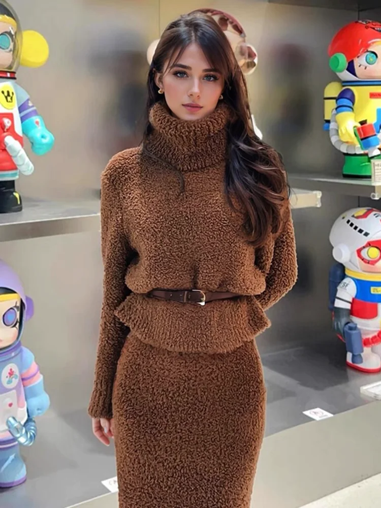 2025 Spring High Collar Women's Short Sweater Top High Waist Skirt Two Pieces Set For Women Turtleneck Thick Warm Knitwear C-164