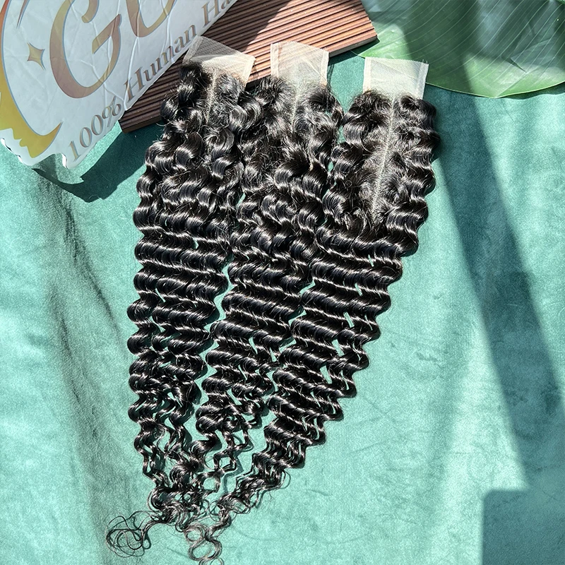 2x6 Lace Closure Deep Wave 100% Raw Virgin Human Hair Deep Parting Transparent Lace Pre Plucked Invisible Lace Melt Skins #1B