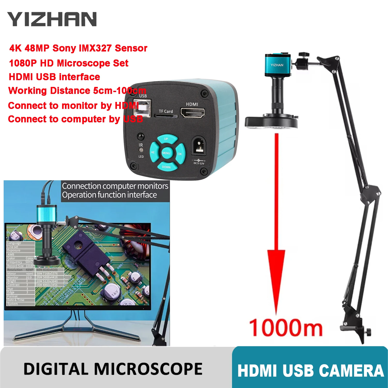 Mikroskop 4K 48MP HDMI 1080P HD, kamera Video industri kamera mikroskop 150x Zoom C Mount lensa Remote Control untuk solder PCB