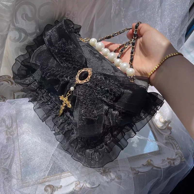 French Retro Gothic Style Lolita Girls Bag Elegant Princess Lace Bow Cross Pearl Black Gemstone Fashion Exquisite Women Handbag