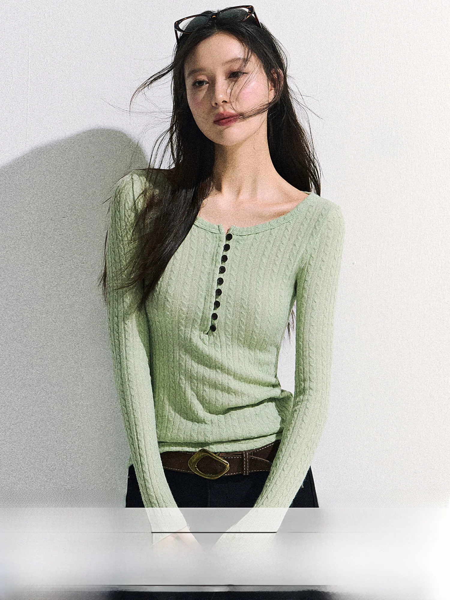 

Женский вязаный свитер 0PASSION с длинными рукавами, мятный, с U-образным вырезом, для ношения как нижний или верхний слой, для повседневной носки, приталенный, в корейском стиле