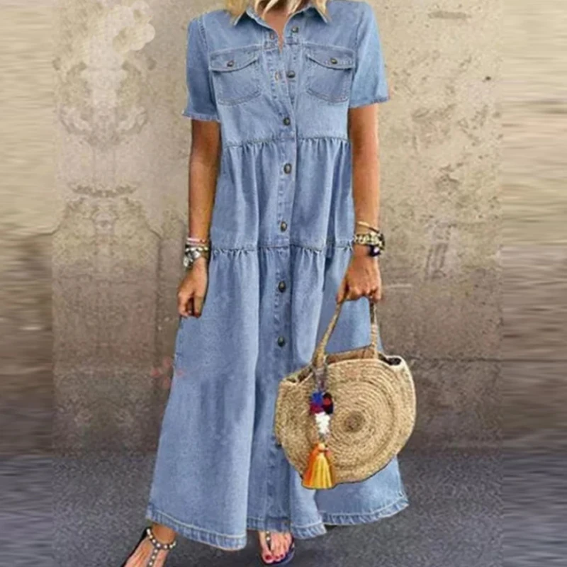 

Vintage Women Solid Dress Summer Fashion V-neck Three Quater Sleeve Cotton Linen Ladies Casual Holiday Cowboy style long style b