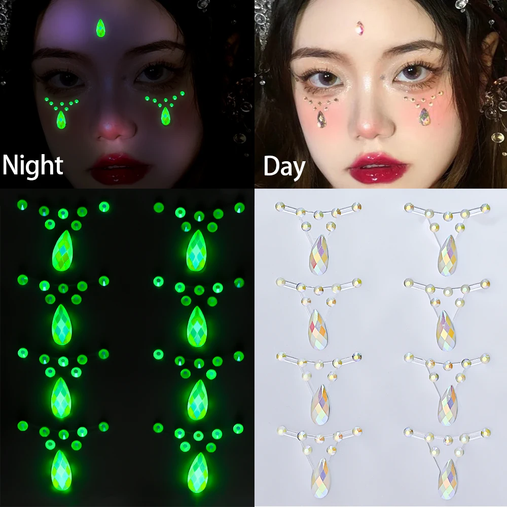 1Pcs 3D Halloween Luminous Face Tattoo Stickers Glowing-In-Dark Dot Teardrop Chain Rhinestone Sticker Party Stage Makeup Decor N