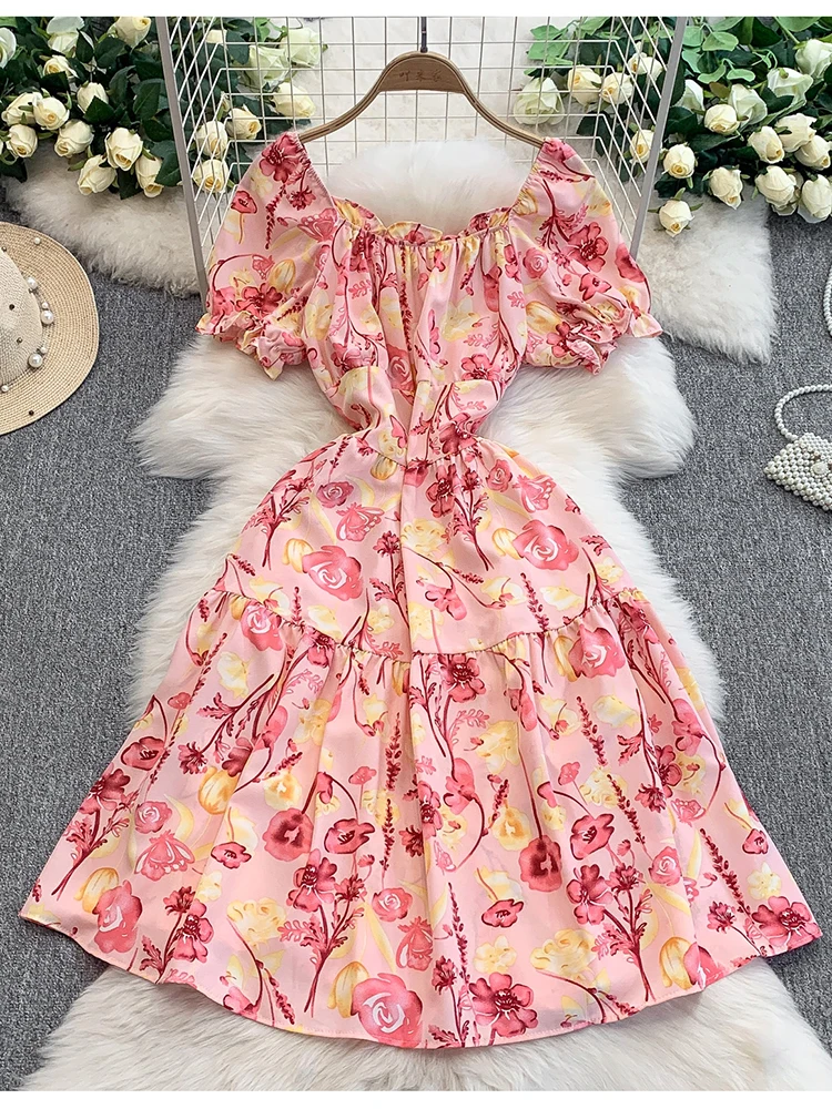 Minivestido Floral con cuello cuadrado para mujer, vestido plisado de manga corta con presión de viento para vacaciones, dulce vestido de princesa ceñido A516