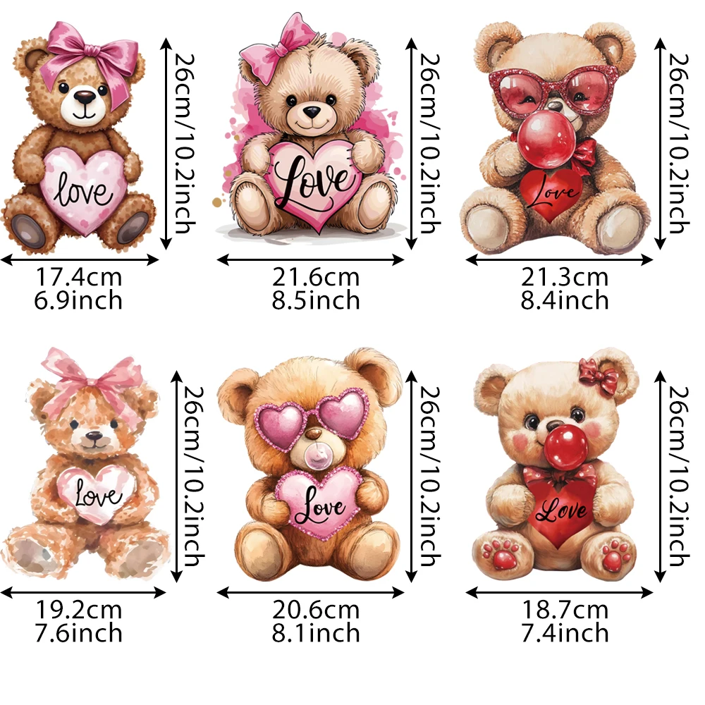 Brown Cute Cartoon Bear Valentine's Day Love Pattern Heat Transfer Stickers Clothes DIY Hot Stamping Stickers Washable