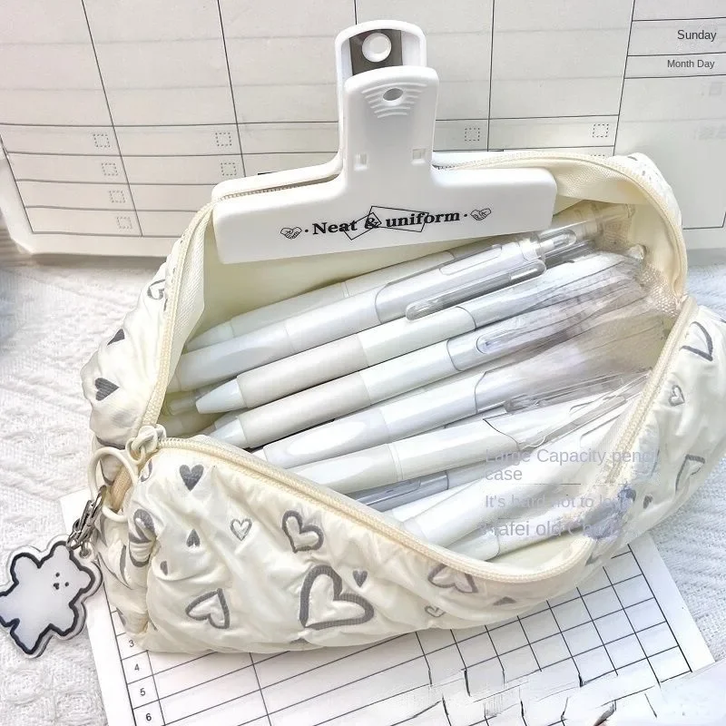 1 Piece Lovely Pencil Case Korean Fashion Heart Style Pencil Pouch Soft Touch Simplicity High Capacity Stationery Storage Bag