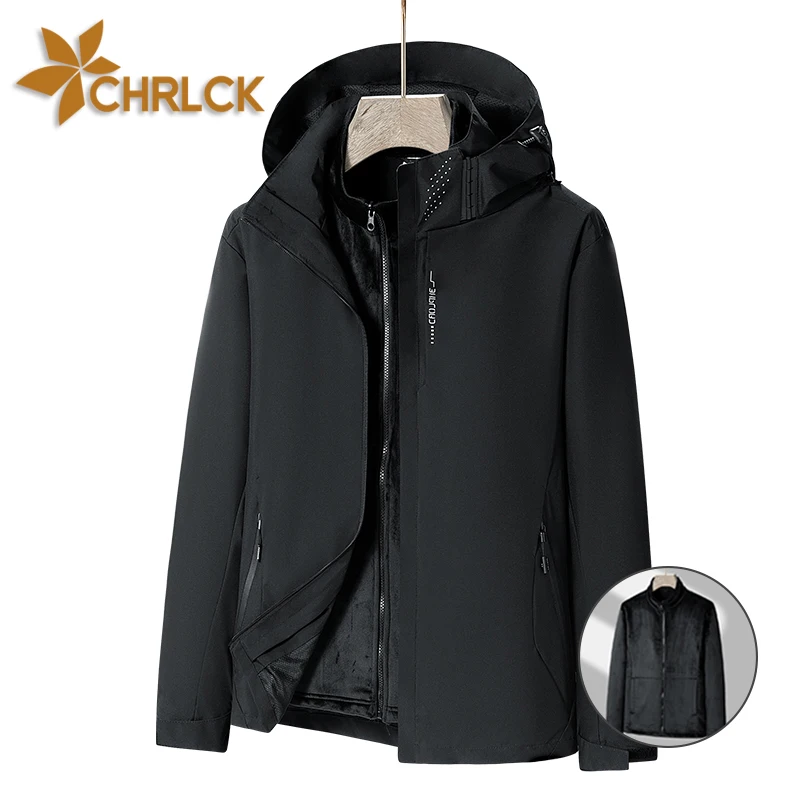 CHRLCK Men's 3 In 1 Thick Hiking Fleece Jacket Waterproof Winter Windbreaker Outdoor Warm Camping Jacket Men Windproof Coat