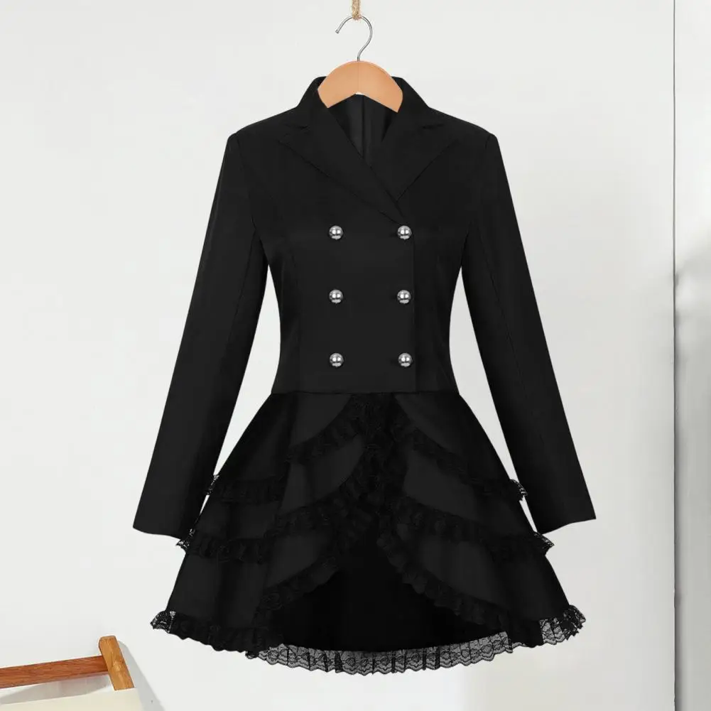 Women Blazer Coat Steampunk Blazer Coat with Lace Hem for Women Double Breasted Tuxedo Tailcoat Jacket Halloween Wedding Uniform