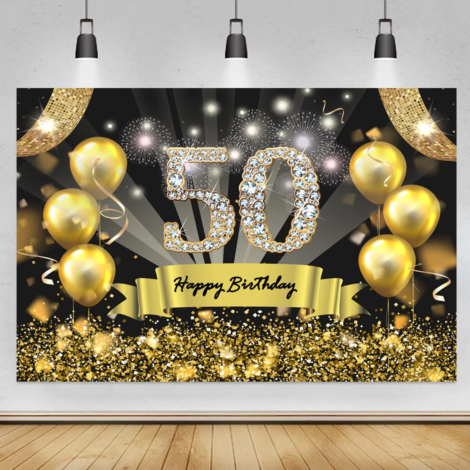 50th Birthday Backdrop Black Gold Glitter Men Women 50 Years Old Birthday Party Photography Background Photo Booth Props