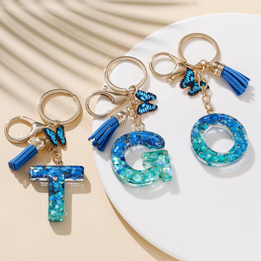 26 lettres de l'alphabet anglais glands porte-clés cristal résine papillon pendentif porte-clés femmes bricolage artisanat cadeau bijoux accessoires
