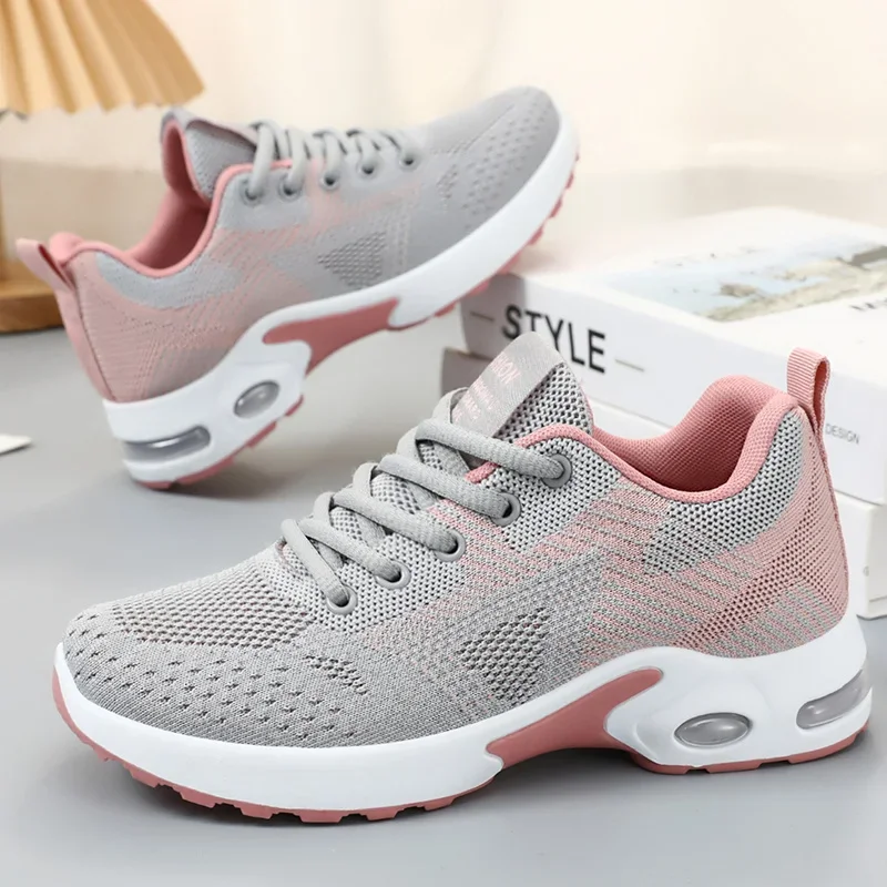 Casual Women Sport Shoes Knit Vamp Air-cushion Breathable Sneakers Mesh Elastic Lace Up Flat Antislip Soft-Soled Walking Shoes