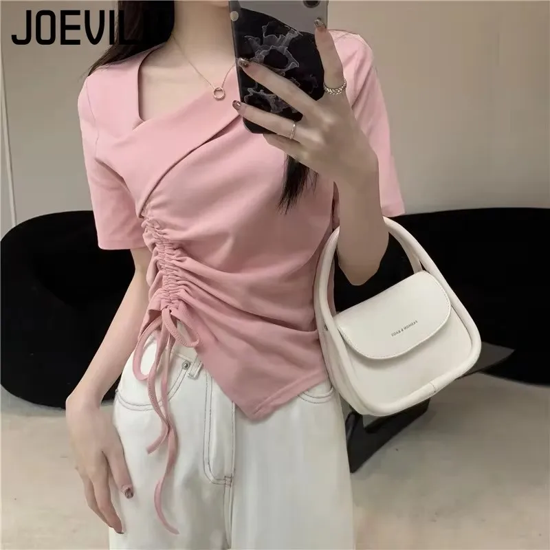 Women Irregular Drawstring T-shirt Gyaru Shoulder Tight Short Sleeve Tops Korean Fashion Sweet and Spicy White Slim Fit Y2k Tee