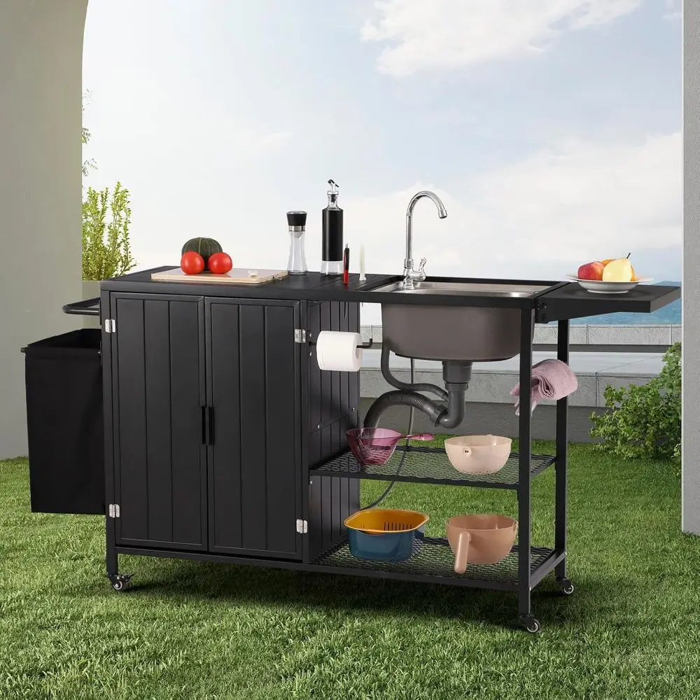 

Black Outdoor Grill Cart with Sink, Storage Shelves, and Trash Bin for Backyard and Garden Grilling
