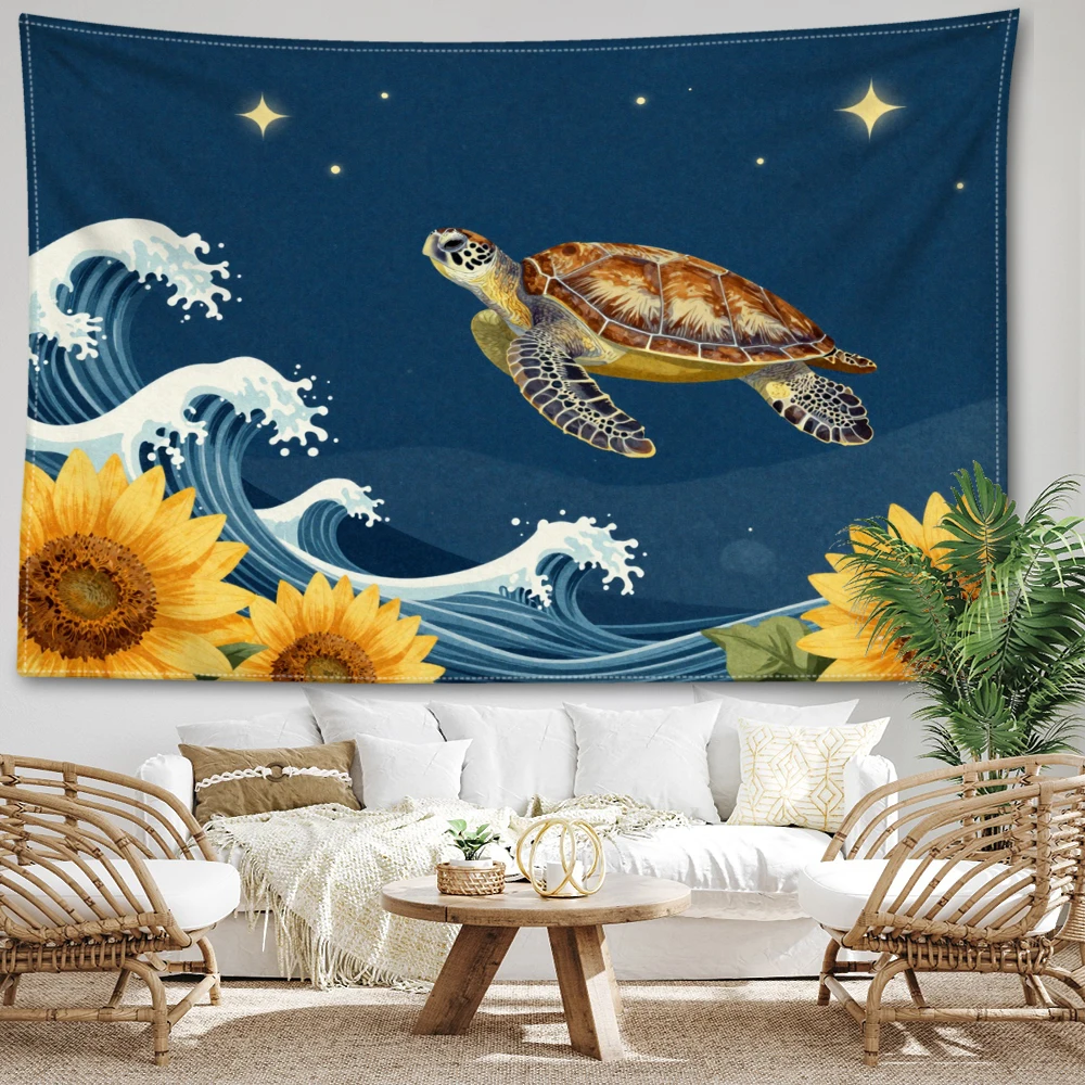 Deep Blue Sea Turtle Sea Wave Sunflower Wall Tapestry, Boho Decor