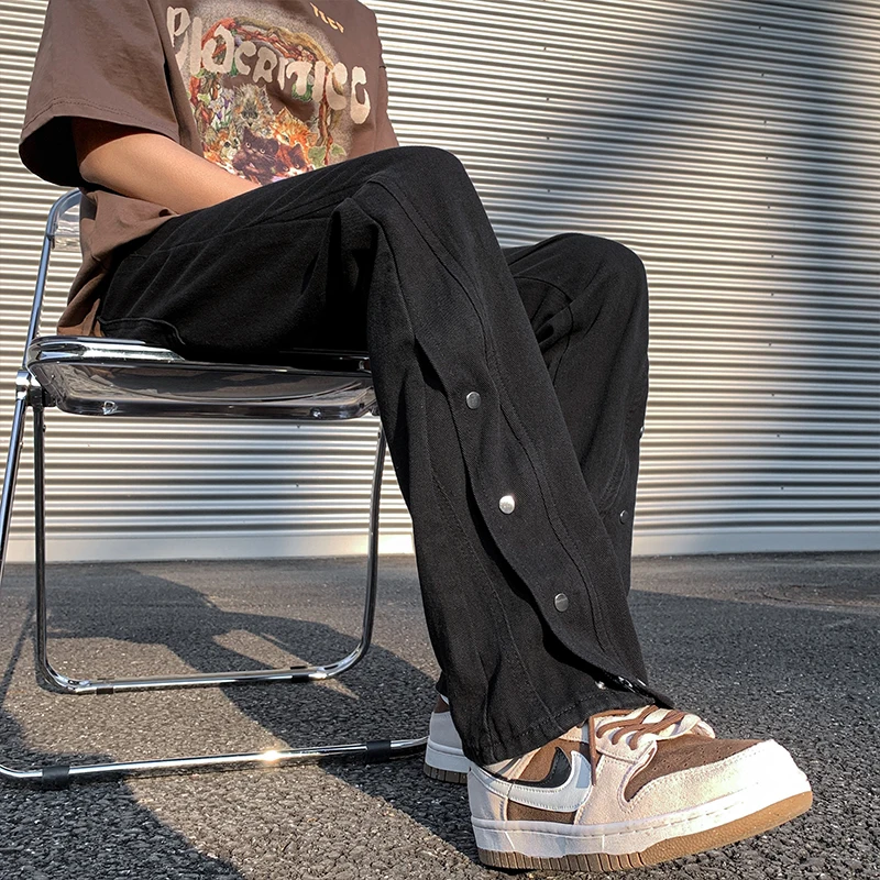 

Мужские джинсы American High Street Bla на пуговицах с молнией и разрезами, широкие, свободные, длинные брюки, повседневные, со средней посадкой, слегка эластичные