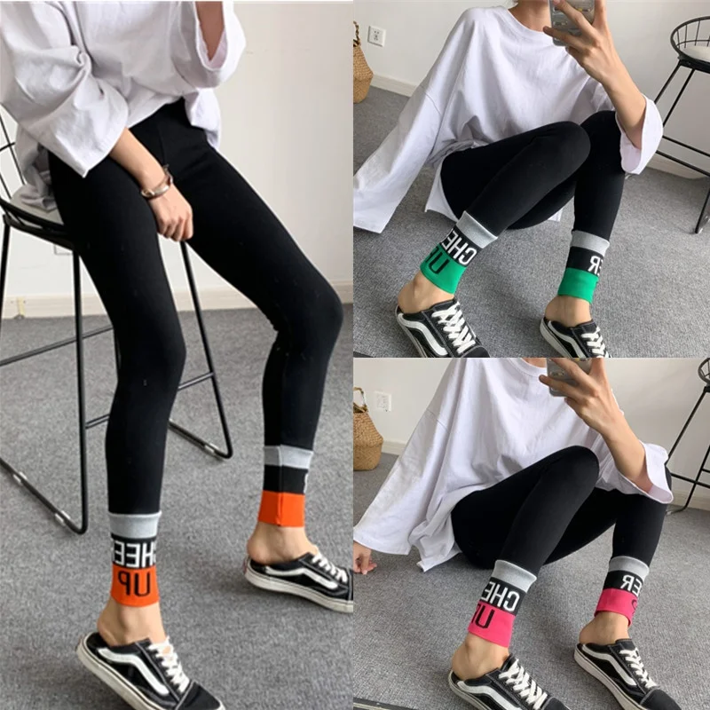 Autumn Winter Ins Color Letter Foot Mouth Patchwork Contrast Outer Wear Cotton Ankle-length Stretchy Leggings Women Skinny Pants