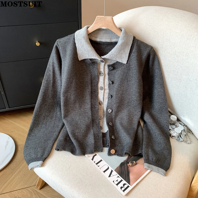 

Серый искусственный вязаный свитер из 2 предметов, женский кардиган, весна 2026, однобортный топ с длинными рукавами, джемпер, винтажный модный шикарный трикотаж