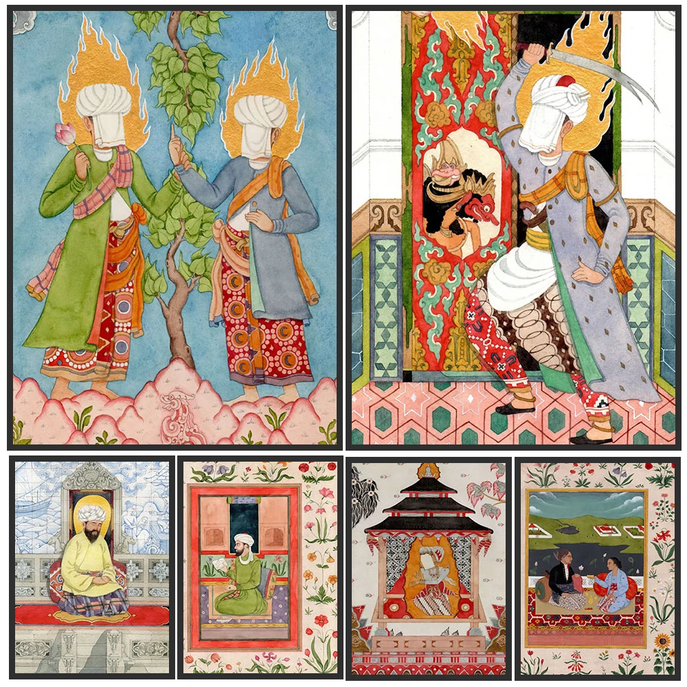 Vintage Persian Islamic Miniature Canvas Painting Wall Decor,Antique Islamic Indian Southeast Asian Folk Manuscript Poster Print