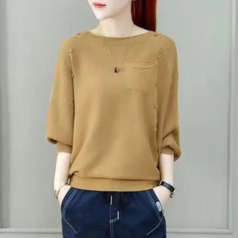 Simple Solid Color Fashion Batwing Sleeve Sweaters Spring Autumn Button Spliced Loose Ladies Elegant Round Neck Knitted Jumpers