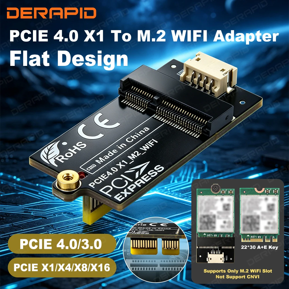 PCIe 4.0 X1 to M.2 WiFi Adapter Card Non-Blocking Flat Mini Design for M A+EKey 2230 PCIe X1 X4 X8 X16 For AX210/AX200/BE200